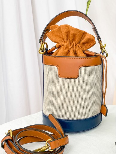2118-1031-有趣・設計感-袋口束繩 X 扯布料 拼色 仿皮料 , 水桶袋 (韓國)  0